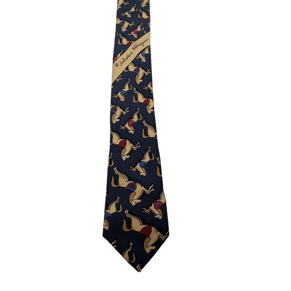 Salvatore Ferragamo 100% Silk Tie Necktie Dark Navy Horse Print Made in Italy‎ - Picture 6 of 8
